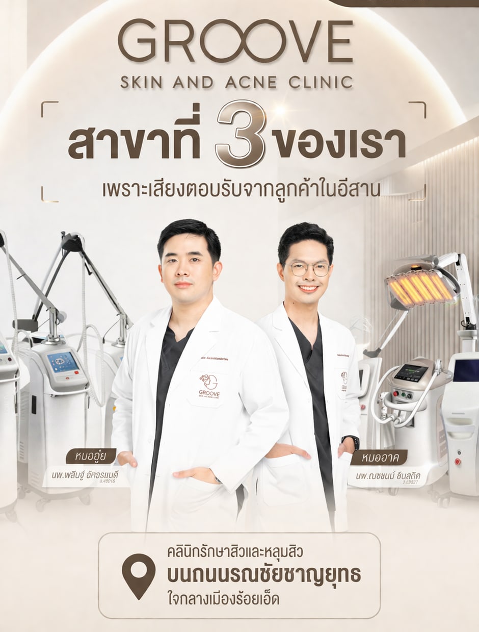 Groove Skin & Acne Clinic สาขาร้อยเอ็ด — คลินิกรักษาสิวและหลุมสิว บนถนนมณชัยชาญยุทธ ใจกลางเมืองร้อยเอ็ด